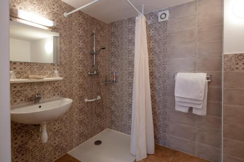 La salle de bains est pourvue d'un lavabo et d'une douche. dans l'établissement Logis Hôtel Restaurant L'ancienne Auberge, à Bolquère-Pyrénées 2000