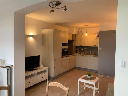 Il comprend une cuisine avec des placards blancs, une télévision et une table. dans l'établissement LA REPOSADE, à Sanary-sur-Mer