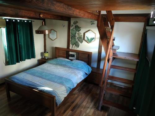 a small bedroom with a bed and a ladder at beit nofesh waiss in Beit Hillel