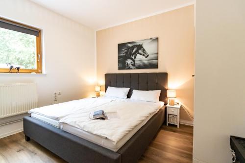 a bedroom with a bed with a horse picture on the wall at Ferienwohnungen Reiterhof Boltenhagen in Boltenhagen