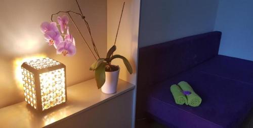 een slaapkamer met een tafel met een vaas met bloemen en een lamp bij Bed&Coffee&Go in Trier