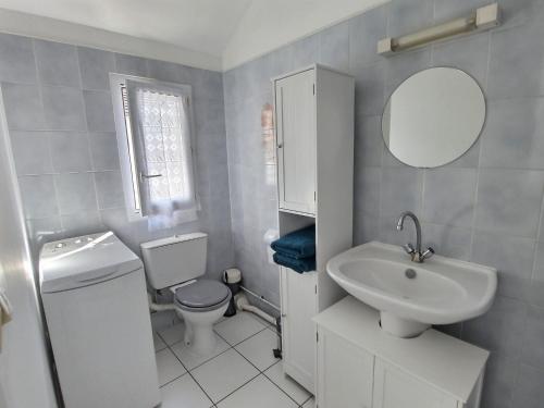La salle de bains est pourvue d'un lavabo, de toilettes et d'un miroir. dans l'établissement Duplex Le Cachou : 10 min Aéroport de Roissy CDG - Astérix - Paris, à Moussy-le-Vieux