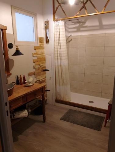 une salle de bain avec un lavabo et une douche dans l'établissement La rivière, à Damazan
