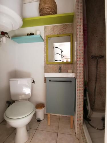 une salle de bain avec toilettes, lavabo et miroir dans l'établissement Mèze, charmant petit studio proche port, à Mèze