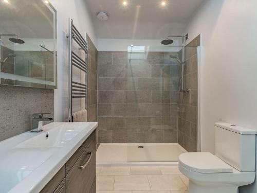 a bathroom with a shower and a toilet and a sink at Brick Kiln Cottage in Burton Overy