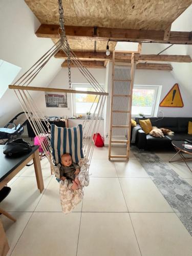 a baby sitting in a swing in a living room at Nowe miasto in Wałbrzych