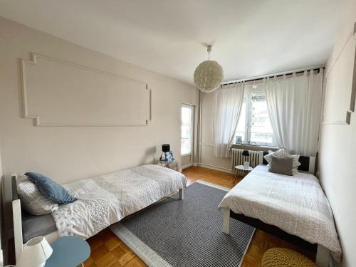 sypialnia z 2 łóżkami i oknem w obiekcie Delux apartment Moj Osijek, SELF CHECK-IN w mieście Osijek