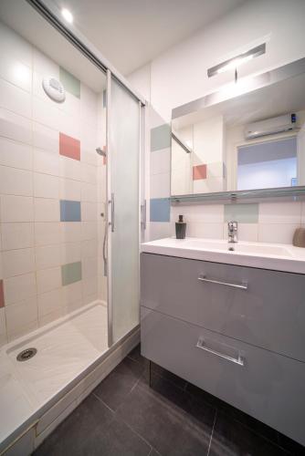 une salle de bain avec douche et lavabo dans l'établissement 3 chambres - 6 couchages - Vue imprenable, à Saint-Martin-dʼHères