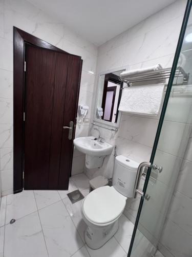 a bathroom with a toilet and a sink at Petra Family Hotel in Wadi Musa