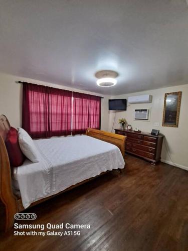 a bedroom with a bed and a dresser and a television at Green house in Tampa