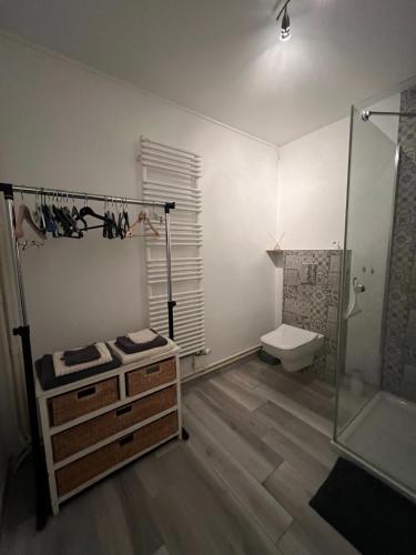 uma casa de banho com um chuveiro, um lavatório e um WC. em Chambre privée Chiberta em Chanas