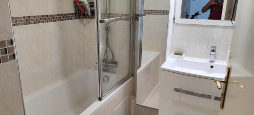 W łazience znajduje się prysznic i umywalka. w obiekcie Chambre chez l'habitant a 5 minutes du métro w mieście Ivry-sur-Seine