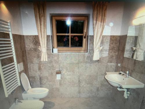 baño con aseo y lavabo y ventana en Appartaments Sanderhof, en La Valle