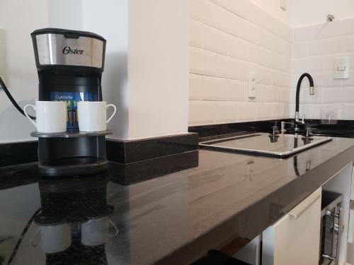 eine Küchentheke mit Kaffeemaschine und Spüle in der Unterkunft Studio em Teresópolis no bairro Alto, próximo principais pontos turísticos in Teresópolis