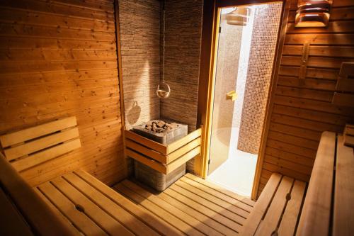 an inside view of a sauna with a shower at Penzion Tři pumpy in Tři Studně