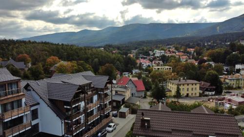 an aerial view of a town with mountains in the background at Apartament Szklarski Widok in Szklarska Poręba