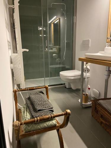 La salle de bains est pourvue d'une douche et d'une chaise avec des toilettes. dans l'établissement Suite privée avec accès jardin en coeur de village, à Guerville