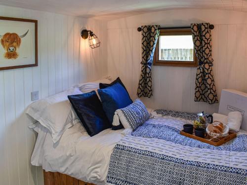 a bedroom with a bed with blue pillows and a window at Keldholme Shepherds Hut in Kirkbymoorside