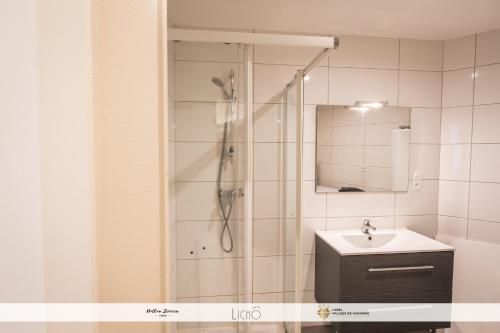 a bathroom with a shower and a sink and a mirror at Maison Planté a1 in Argelès-Gazost