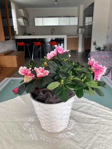 a white vase with pink flowers on a table at SEVEN HOUSE in Bra