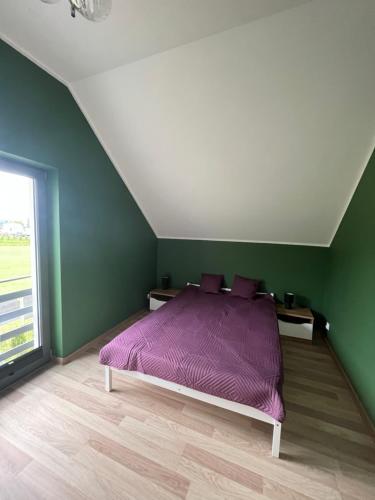 a bedroom with a purple bed in a green wall at Nova 26 in Klucze