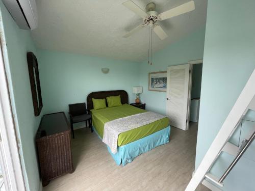 a bedroom with a bed and a ceiling fan at Sunny Villa in the Marina - Excellent Water Views in Jolly Harbour