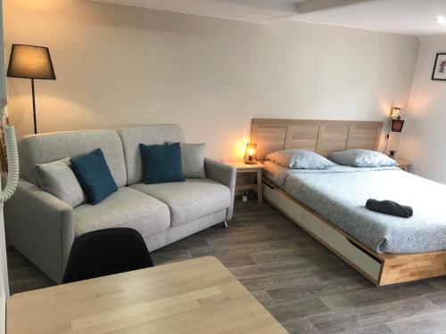 a living room with a bed and a couch at Jolis Appartements au coeur de Clermont Ferrand - Proche Jaude - WIFI et NETFLIX in Clermont-Ferrand