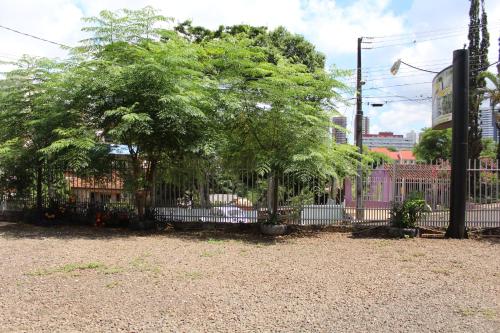 a fence with a tree in front of a building at Pousada Oliveira in Foz do Iguaçu