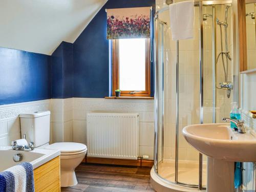 a bathroom with a shower and a toilet and a sink at Bramble Cottage in Dalry