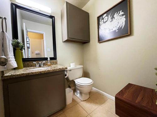 a bathroom with a toilet and a sink and a mirror at Cool & Comfy Condo! Family Friendly! in College Station