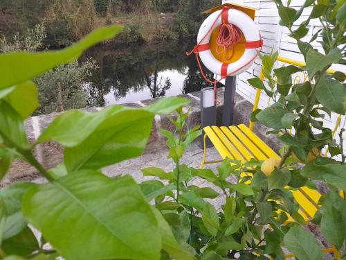 a yellow bench next to a house with a pond at Ínsua Hostel in São Pedro do Sul
