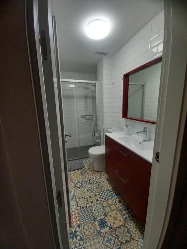 La salle de bains est pourvue de toilettes, d'un lavabo et d'un miroir. dans l'établissement Loft Carrión, à Carrión de los Condes