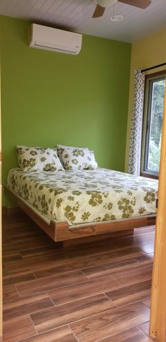 a bed in a room with a green wall at The Spot @ Cocles in Puerto Viejo