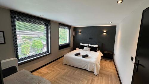 een slaapkamer met een wit bed en 2 ramen bij Bed & Breakfast 'Le Faucon' in Valkenburg