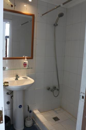 a bathroom with a sink and a shower at Hostal Ochen in Punta Arenas