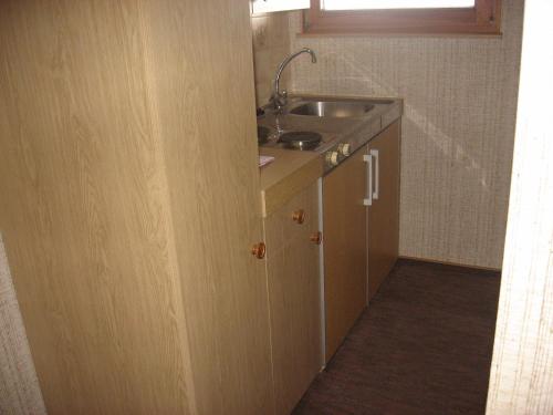 eine kleine Küche mit einer Spüle und einer Theke in der Unterkunft Hotel Gasthof Straub in Lenzkirch