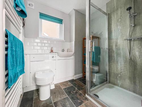 a bathroom with a toilet and a sink and a shower at Holly Cottage in Culbokie