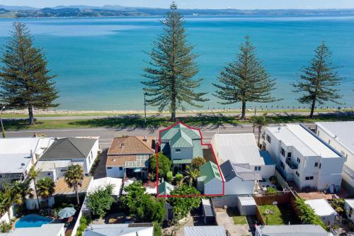 z góry widok na dom i ocean w obiekcie Beachfront Villa w mieście Napier