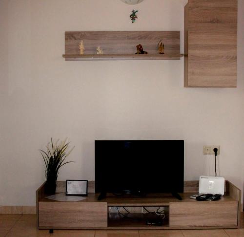 una TV a schermo piatto seduta sopra un tavolo di legno di Villa Artemis Keramoti a Keramotí