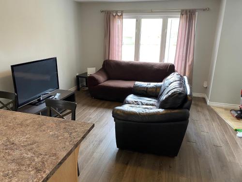a living room with a leather couch and a television at Kingston Comfort Suites - Unit 2 in Kingston