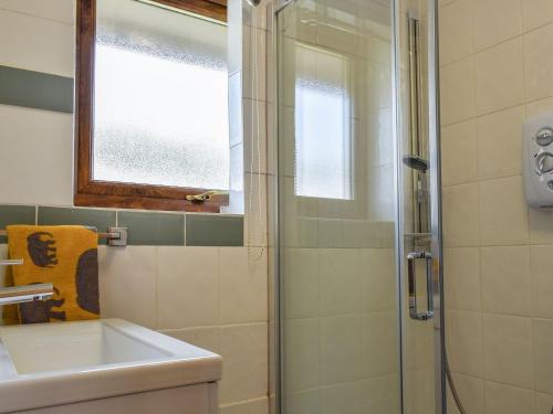 a bathroom with a sink and a shower at Zebra House in Blaenavon