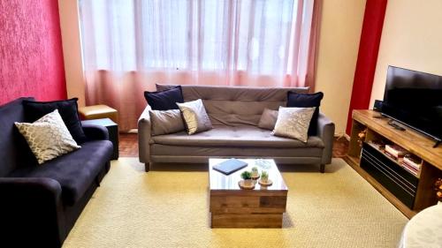 uma sala de estar com um sofá e uma mesa de centro em Amplo e confortável. Ar condic, WiFi, TV. Metrô. Tijuca. no Rio de Janeiro