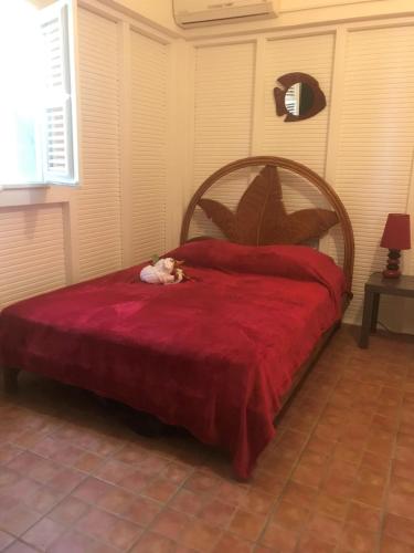 einem Hund, der auf einem roten Bett in einem Schlafzimmer liegt in der Unterkunft Villa Kabrit Bwa Sainte-Luce in Sainte-Luce