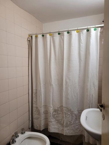 bagno con tenda per la doccia e servizi igienici di Edificio Independencia Lavalle 35 a Mendoza