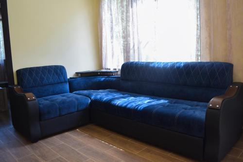 a blue couch in a living room with a window at RiverSide Guest House in Dilijan