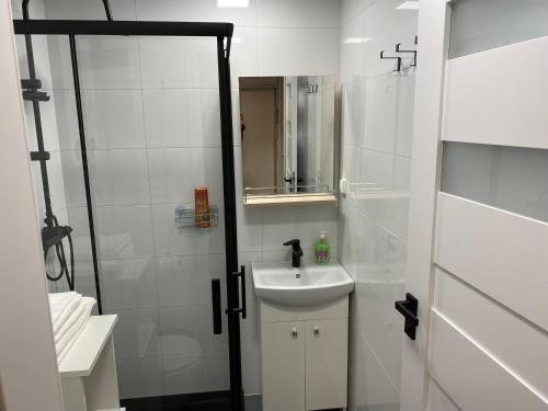 a white bathroom with a sink and a mirror at Apartament Cynamon II in Sandomierz