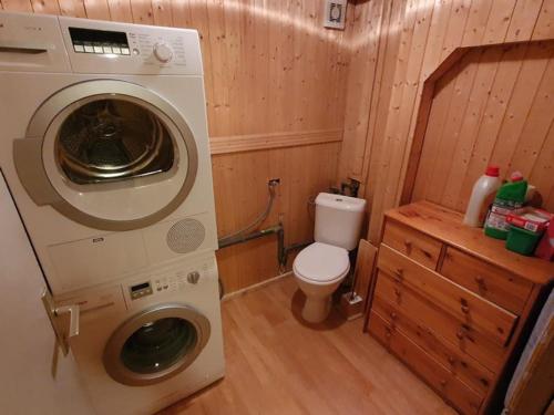 een kleine badkamer met een wasmachine en een toilet bij Chalet individuel 8 pers à Chatel Porte du soleil avec Jacuzzi exterieur in Châtel