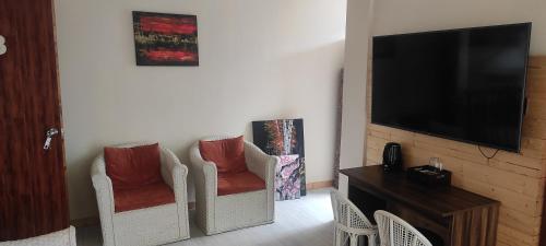 a living room with two chairs and a flat screen tv at Tito's Homestay in Kalimpong