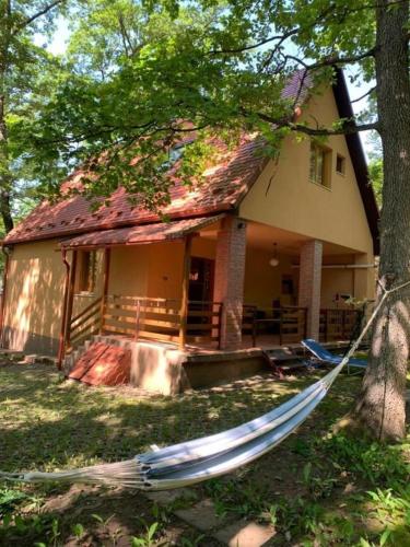 a house with a hammock in front of it at Gyöngyvirág Vendégház in Noszvaj