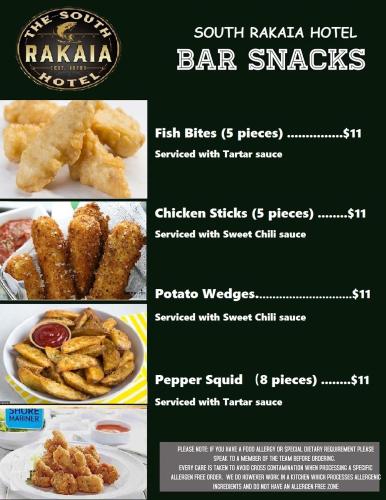 a menu for a restaurant with chicken wings and french fries at South Rakaia Hotel in South Rakaia